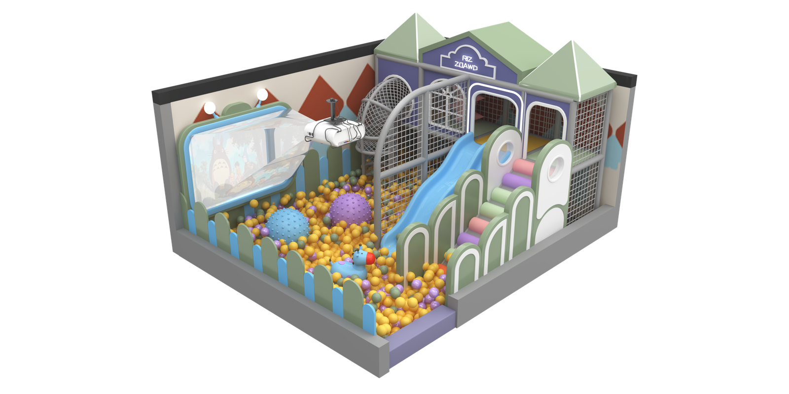 Premium Sage & Lavender Interactive Play Unit with Net Crawl Tunnel